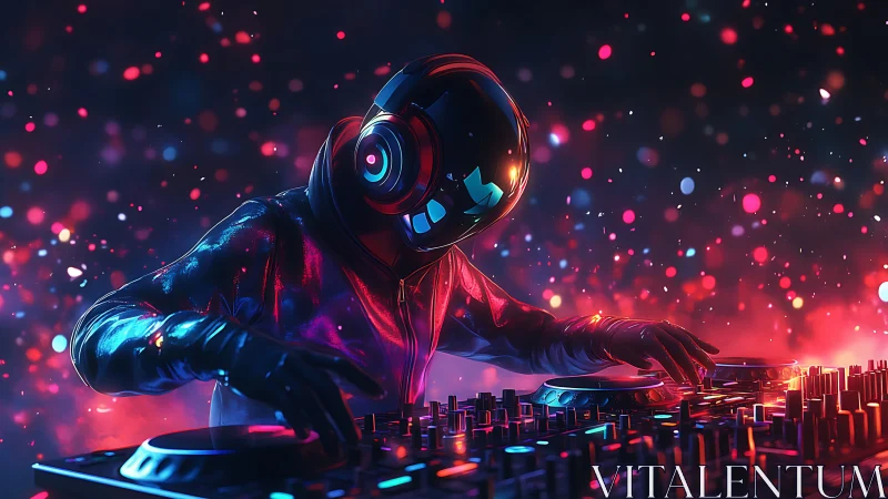 Helmeted cosmic DJ steers neon galaxies across the mixer