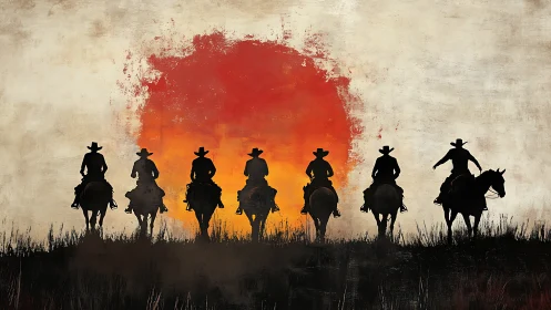 Cowboy silhouettes riding toward blazing western sun.