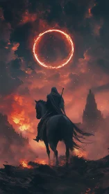 Hooded rider on warhorse under fiery eclipse ringed sky