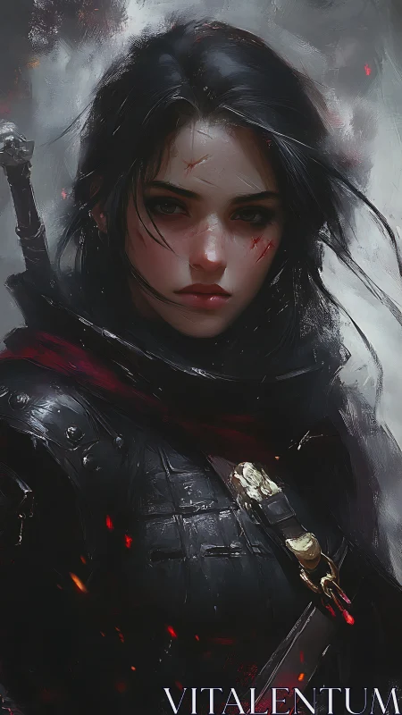 Battle-scarred warrior stands resolute amid drifting embers