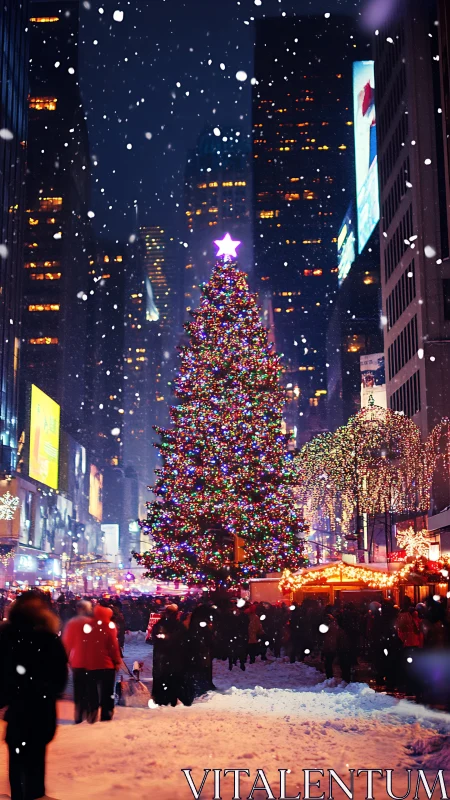 Snowy city plaza with towering illuminated Christmas tree.