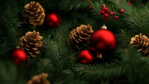 Crimson baubles hide in pine needles and golden cones glow.
