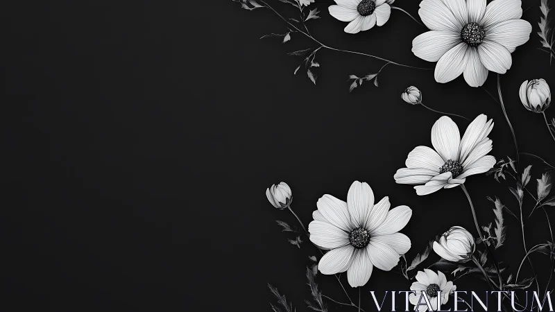 Black and White Cosmos Illustration with Detailed Botanical Composition