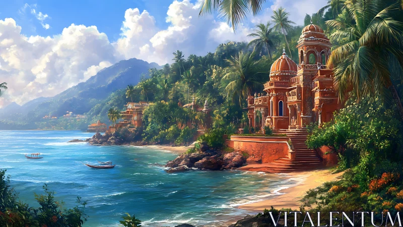 Coastal temple complex in lush tropical bay, digital painting.