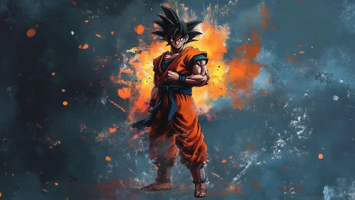 Powerful anime warrior in orange gi amid fiery aura.