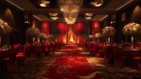 Grand red wedding hall glows with lush flowers and soft light