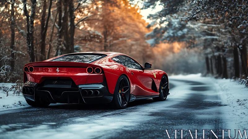 Red sports coupé on icy forest road in winter light.