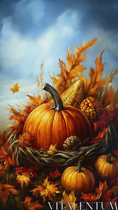 Oil painting presents pumpkins, corn and autumn foliage