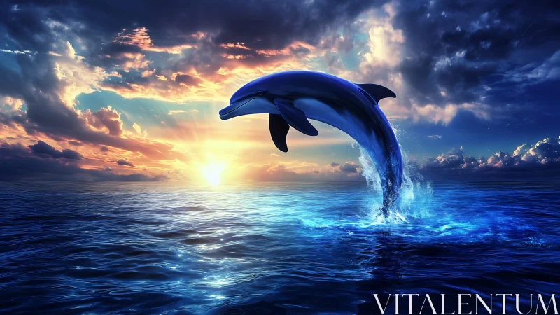 High-contrast dolphin breach over sunlit open ocean at dusk
