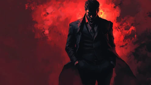Brooding suited figure against blazing red abstract inferno.