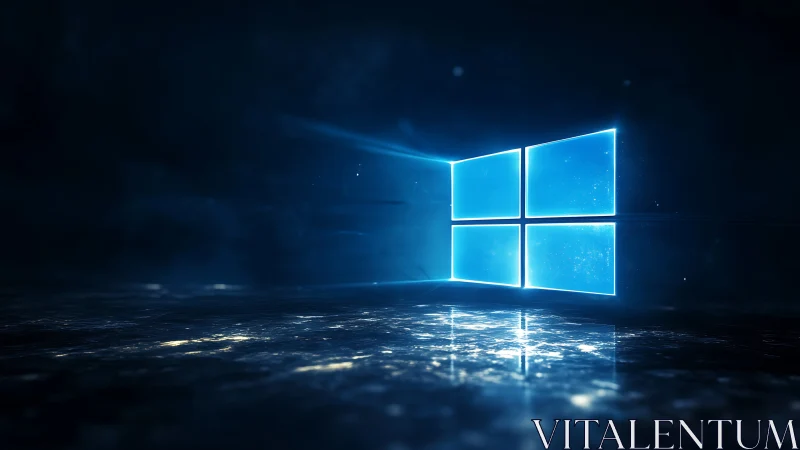 Neon window portal glows above a shimmering digital floor.