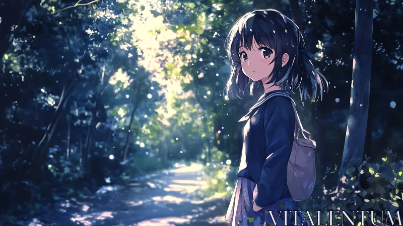 Anime forest walkway scene with backlit schoolgirl portrait.