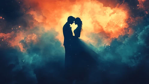 Romantic Silhouettes Embrace Against Fiery Cosmic Sky