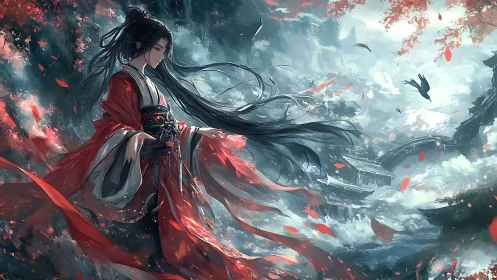 Crimson robed swordswoman amid storm torn sakura winds.