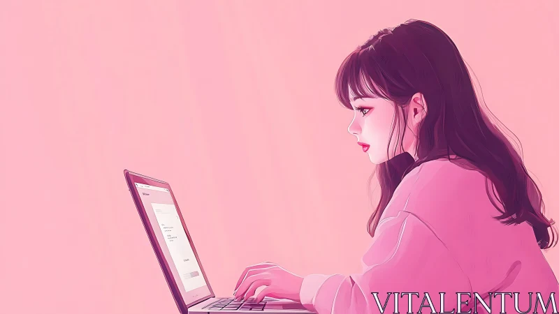 Soft pink workspace shows a focused girl enjoying her laptop