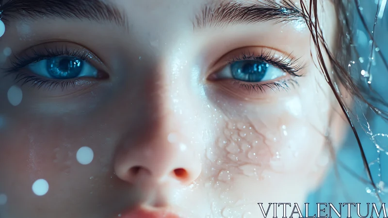 Glimmering blue eyes beneath a veil of water and light.