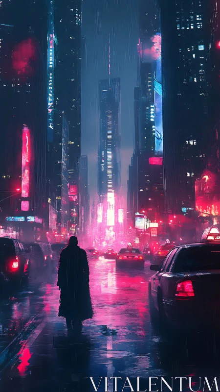 Rain-soaked cyberpunk avenue with neon-lit taxis and lone figure