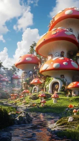 Whimsical mushroom village rises beside a sparkling stream