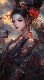 Elegant fantasy geisha portrait with red flowers and sky.