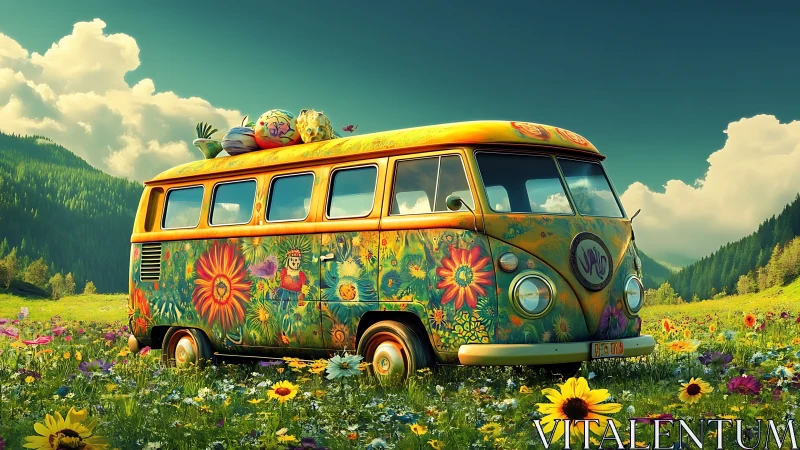 Psychedelic camper van glows in a wildflower mountain meadow