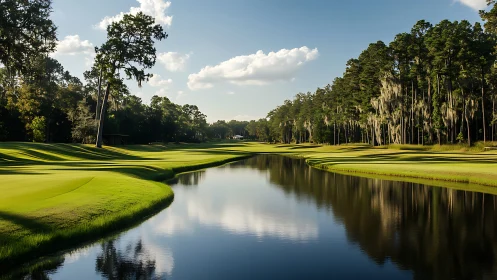 Golf course fairway curves along reflective water hazard