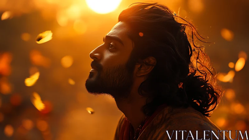 Profile portrait in warm sunset light with drifting leaves.