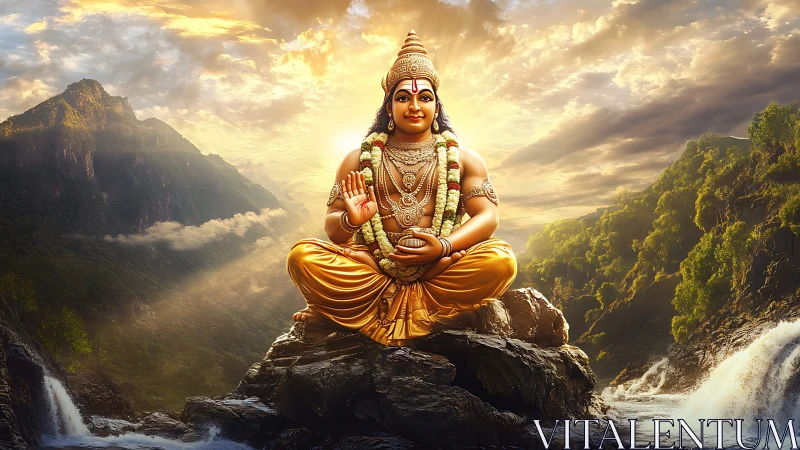 Golden seated deity amid waterfalls and misty mountains.