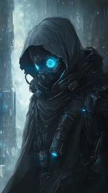 Hooded cybernetic sentinel with neon blue optics in rain-soaked city.