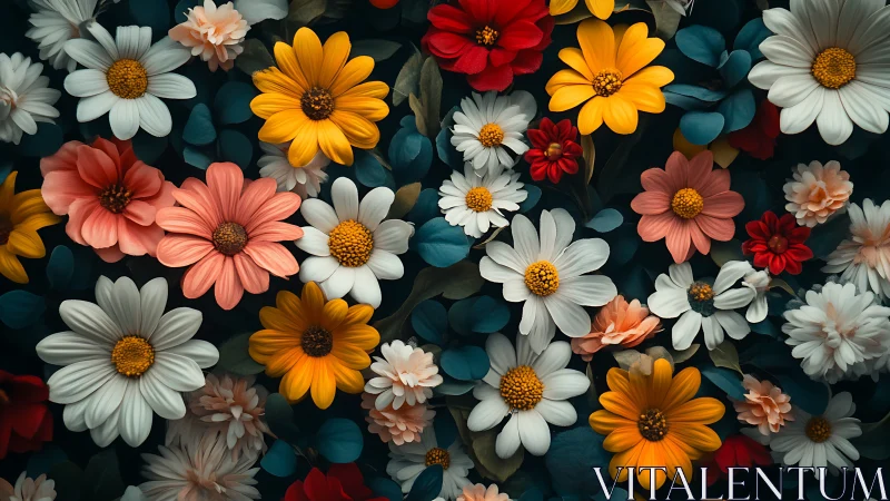 Dense Polychromatic Floral Composition with Layered Daisy Formations.