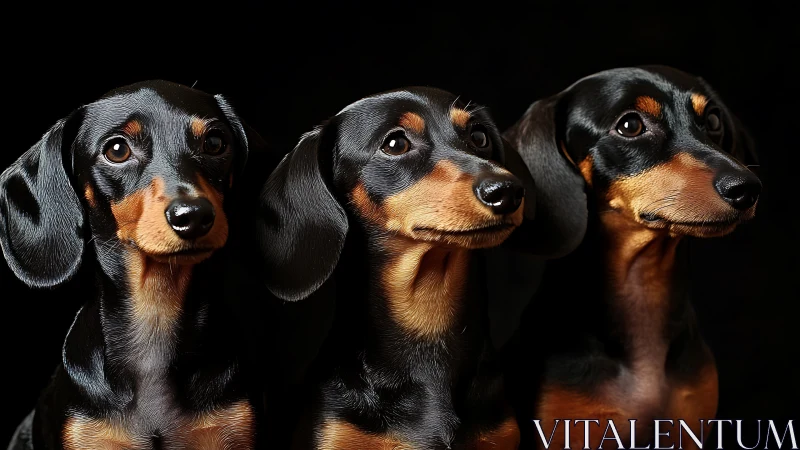 Three black and tan dachshunds pose against deep black background