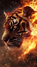 Tiger portrait wrapped in dynamic swirling fire effects.