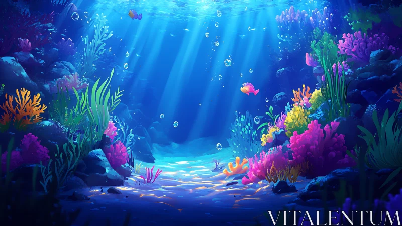 Sunlit coral reef glows with vibrant fish in tranquil depths