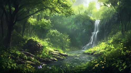 Verdant Cathedral: Where Sunlight Dances Through Ancient Waterfall.