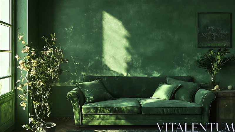Emerald velvet sofa in monochrome green interior sunlight study.
