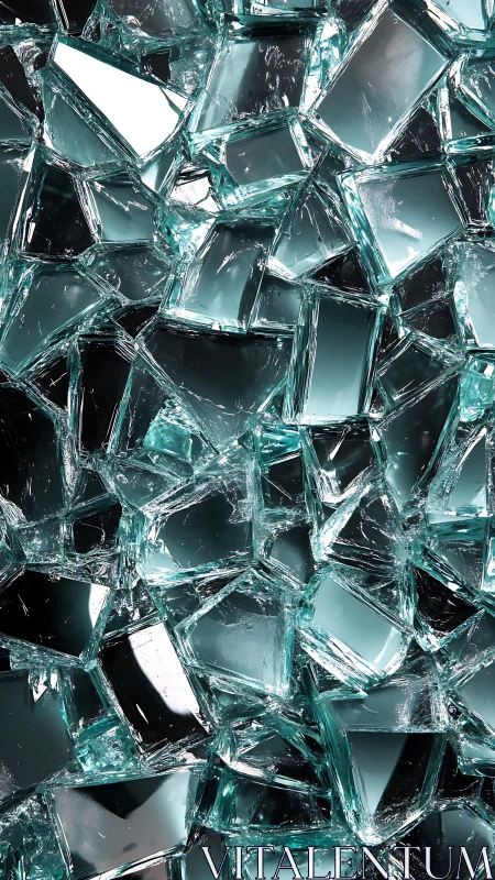 Shattered teal glass fragments form reflective crystalline field