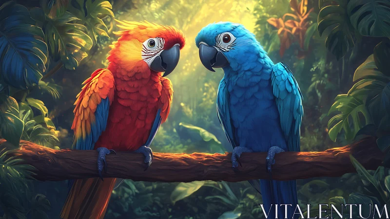 Vibrant Red and Blue Parrots on Jungle Branch, Digital Art Style.