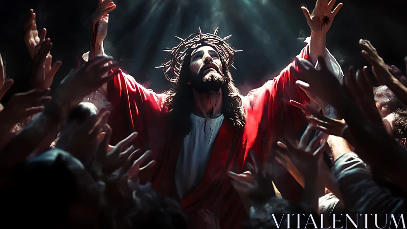 Radiant robed figure reaches upward through hopeful crowd