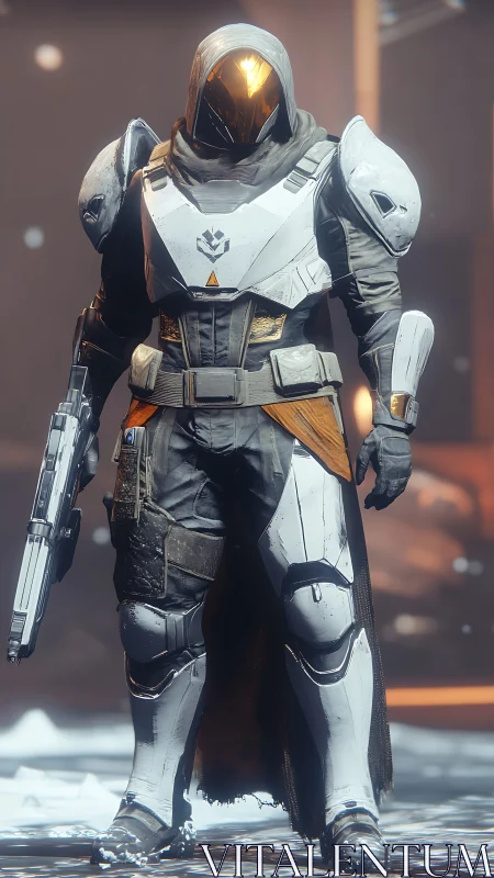 Armored sci-fi sentinel stands in cinematic three-quarter view