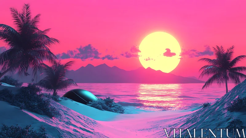 Neon pink tropical beach landscape with large glowing sun