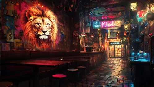 Bold lion mural glows warmly inside a neon drenched bar