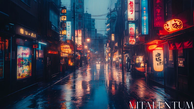 Rainy neon alley where quiet city nights feel alive.