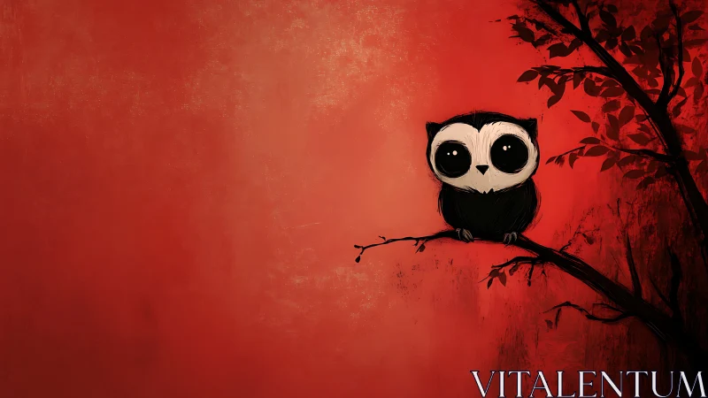 Wide-eyed owl perches on branch against vivid red dusk