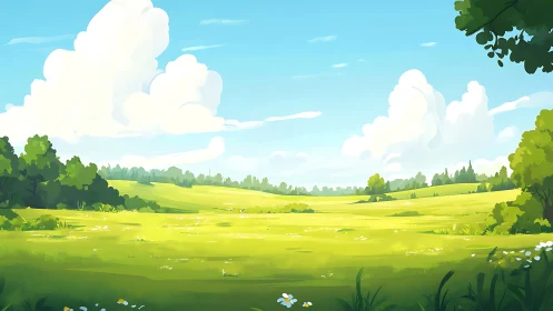 Sunlit meadow daydream under playful drifting clouds.