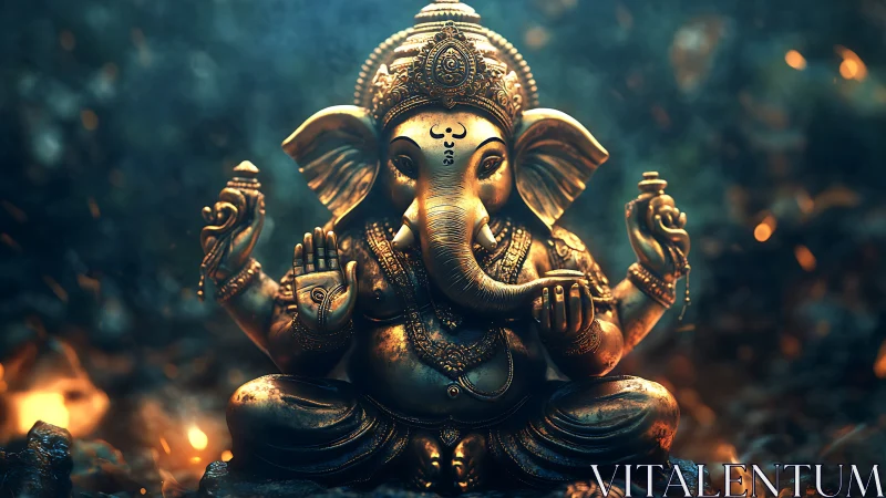 Bronze Ganesha sculpture in seated pose with ornate detailing.