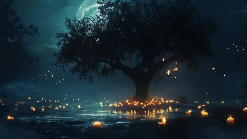 Moonlit enchanted tree glows above a field of candles.