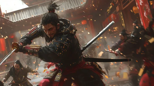 Armored swordsman in courtyard skirmish with falling debris.