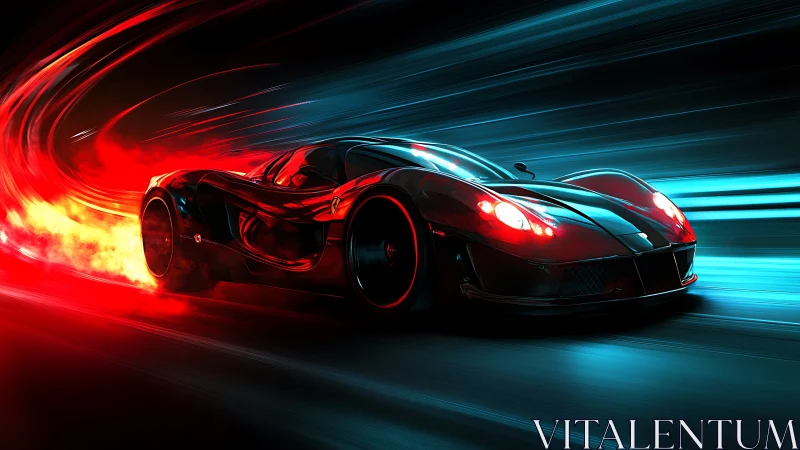 Futuristic red sports car accelerates through neon tunnel