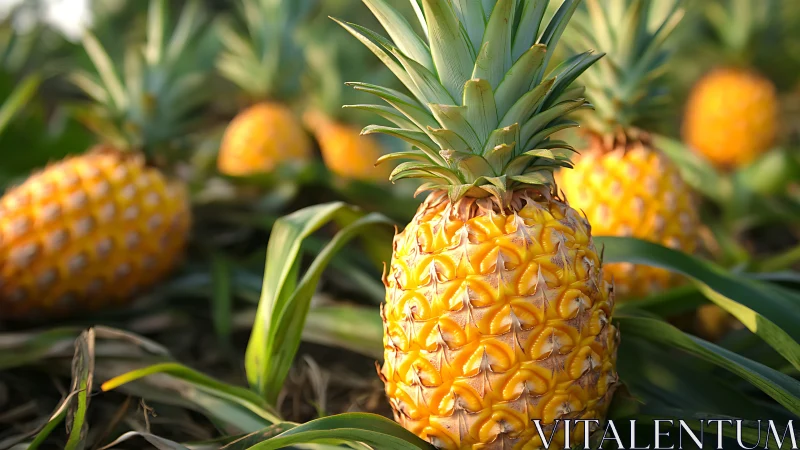 Ripe pineapple glows among lush green leaves in farmland.