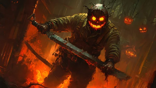 Pumpkin-headed horror stalks a burning haunted forest path