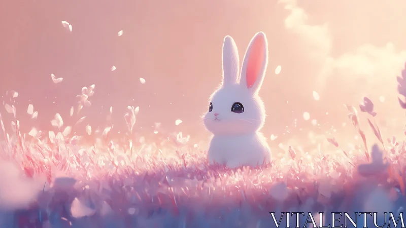 Pastel white rabbit in luminous pink flower meadow at dawn.